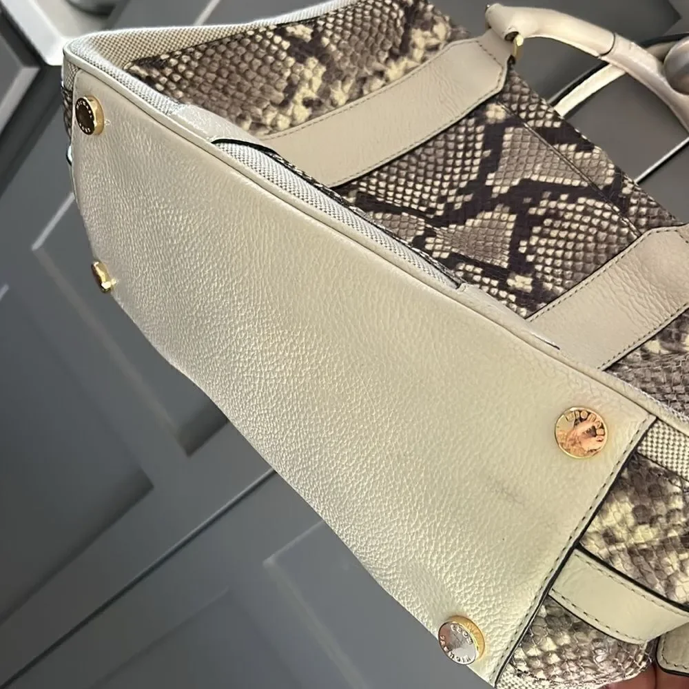 Cream ivory snakeskin style mk Michael Kors tote gold trim purse women bag MK